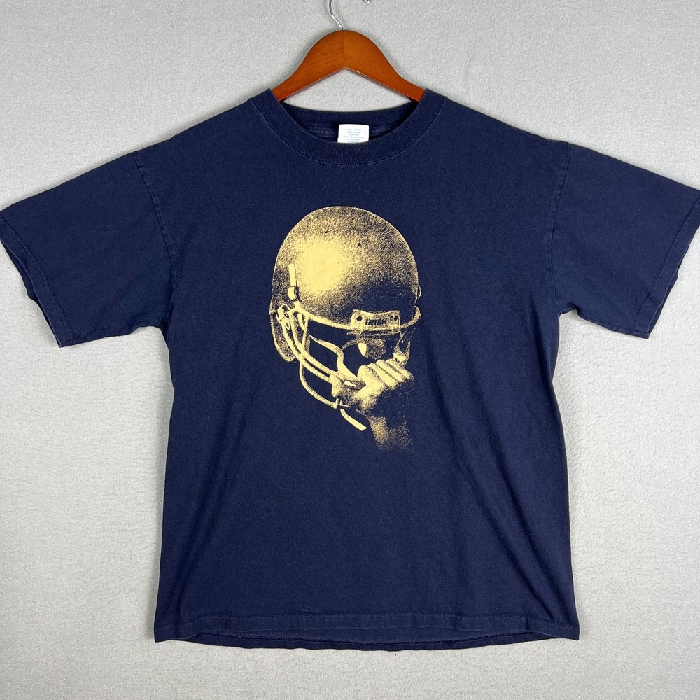 VTG Majestic Notre Dame T Shirt Mens L Blue Golden Domers Football Graphic Y2K